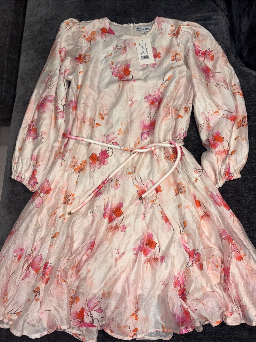 Floral Pink & Orange Tie-Waist Long-Sleeve Dress